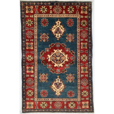 Tappeto geometrico blu Kazak misura 96x153 cm