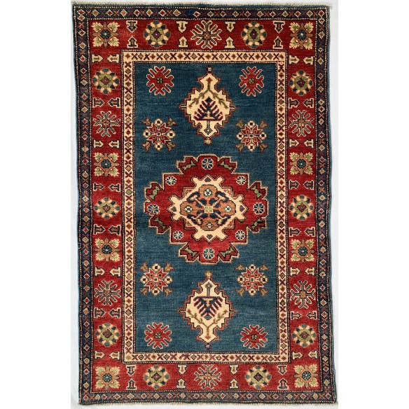 Tappeto geometrico blu Kazak misura 96x153 cm