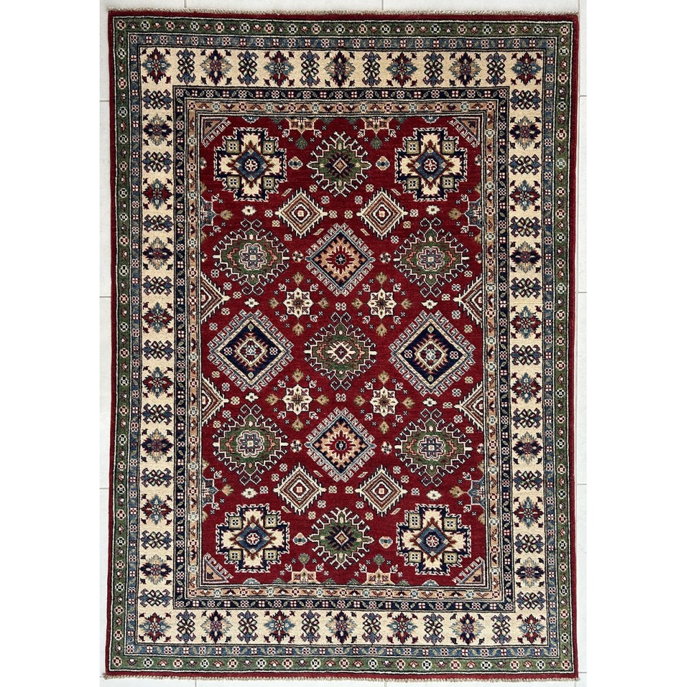 Tappeto ozbek kazak in lana e cotone fondo rosso misura 212x148 cm