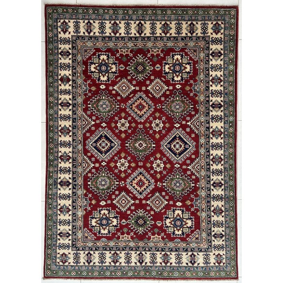 Tappeto ozbek kazak in lana e cotone fondo rosso misura 212x148 cm