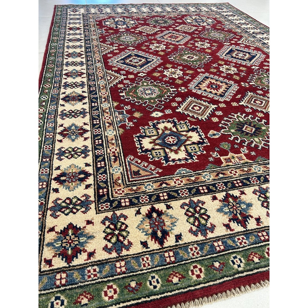 Tappeto ozbek kazak in lana e cotone fondo rosso misura 212x148 cm