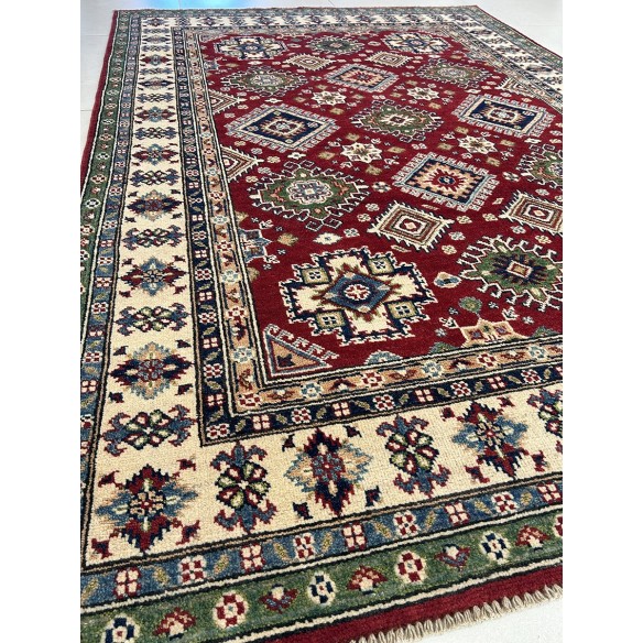 Tappeto ozbek kazak in lana e cotone fondo rosso misura 212x148 cm