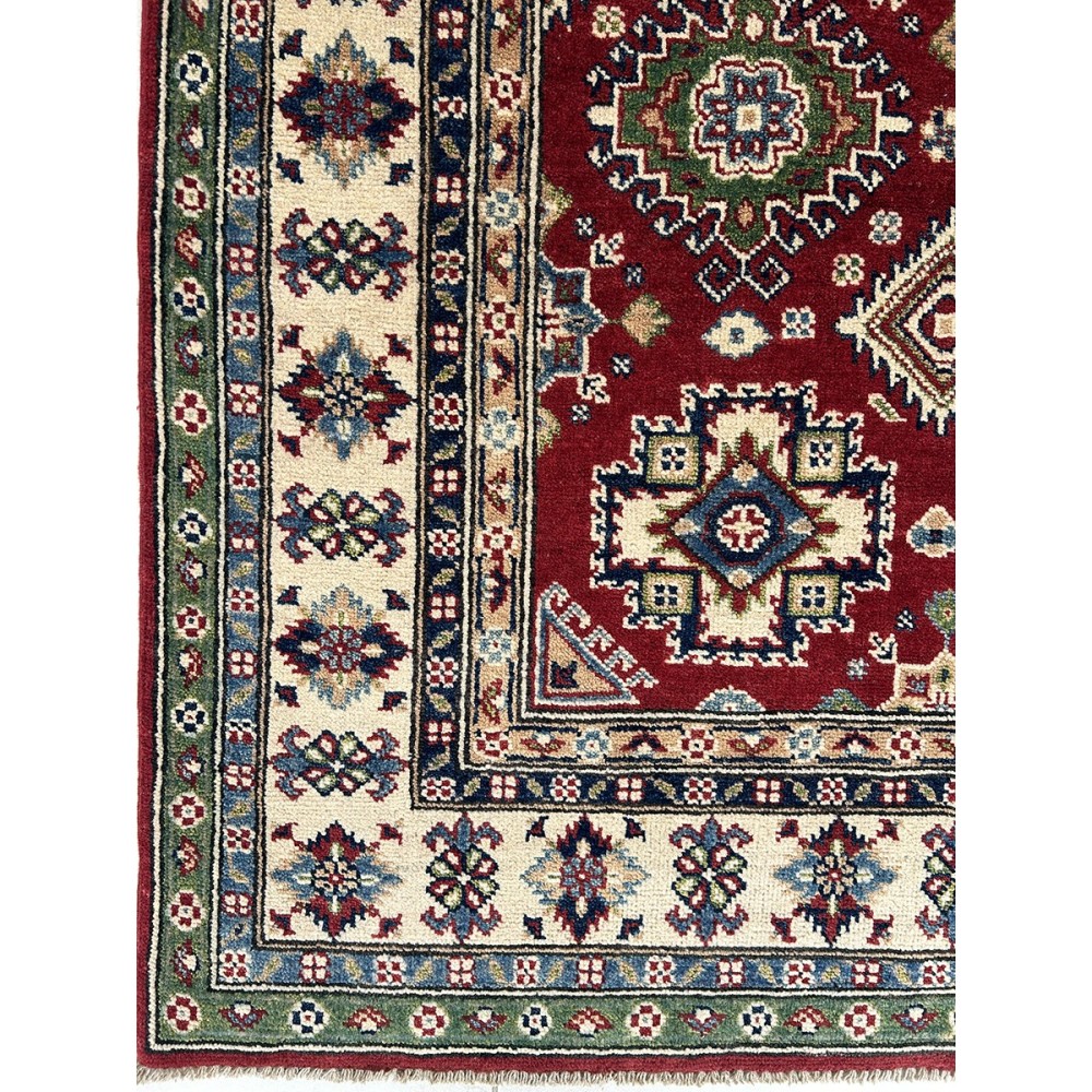 Tappeto ozbek kazak in lana e cotone fondo rosso misura 212x148 cm