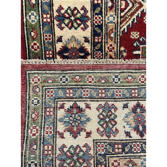 Tappeto ozbek kazak in lana e cotone fondo rosso misura 212x148 cm
