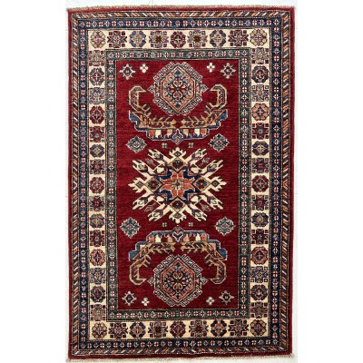 tappeto kazak in lana rosso e beige disegno geometrico misura 130x84 cm