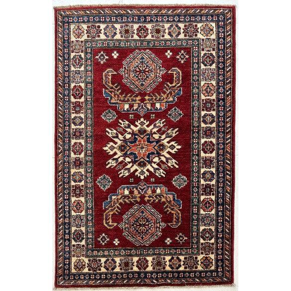 tappeto kazak in lana rosso e beige disegno geometrico misura 130x84 cm