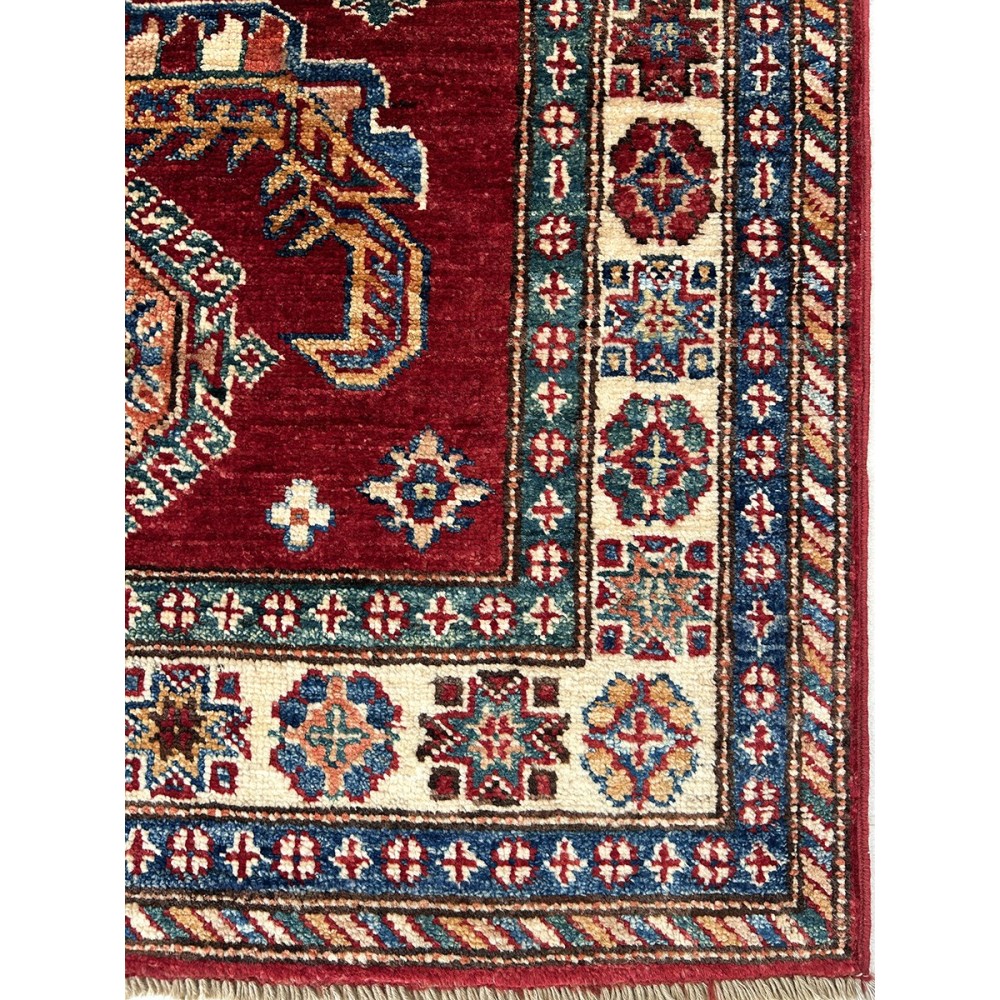 tappeto kazak in lana rosso e beige disegno geometrico misura 130x84 cm