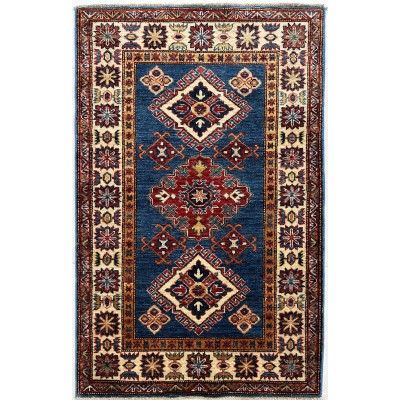 Tappeto kazak in lana blu e beige misura 120x78 cm