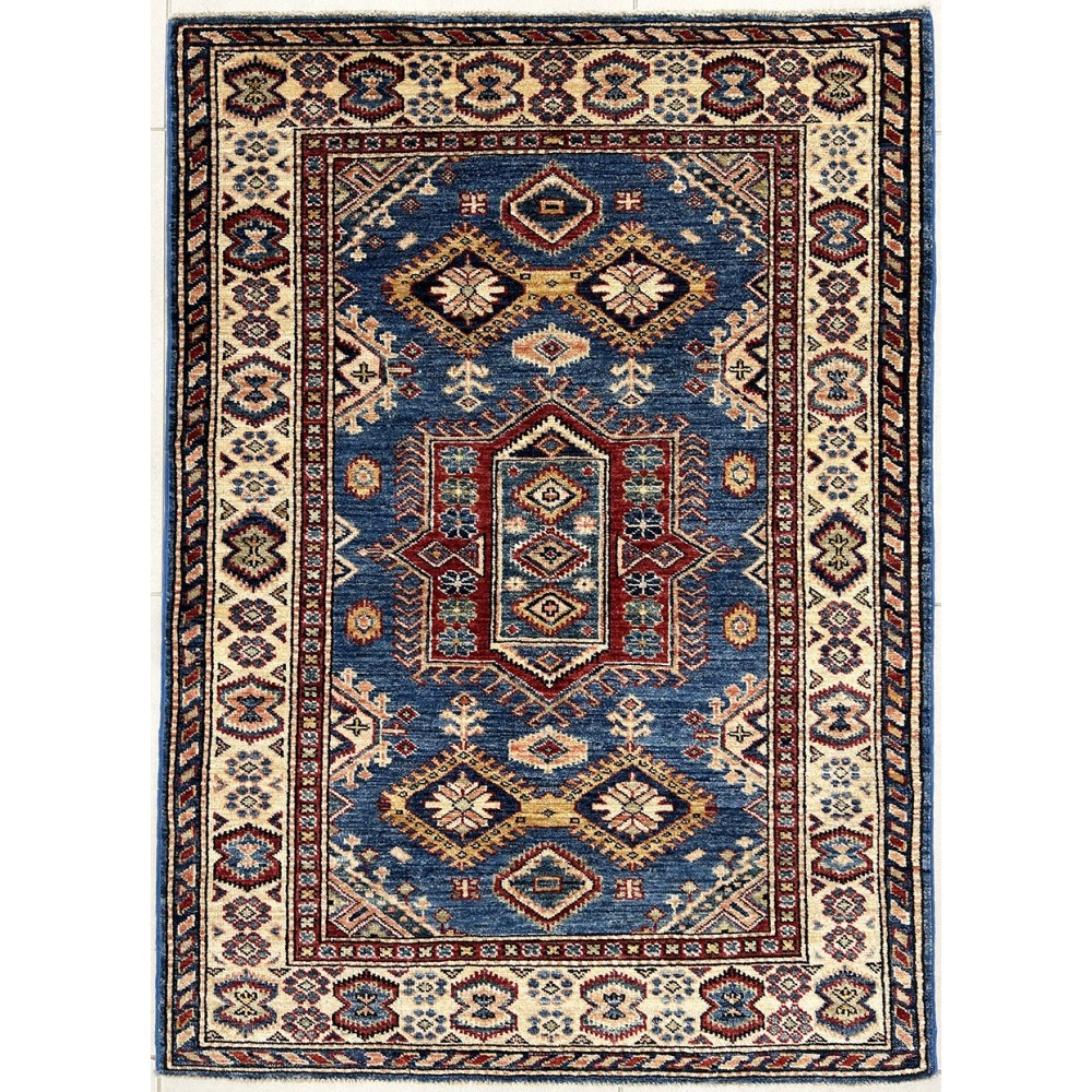 Tappeto in lana kazak extra blu e beige 102x139 cm