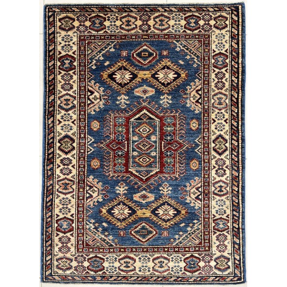 Tappeto in lana kazak extra blu e beige 102x139 cm