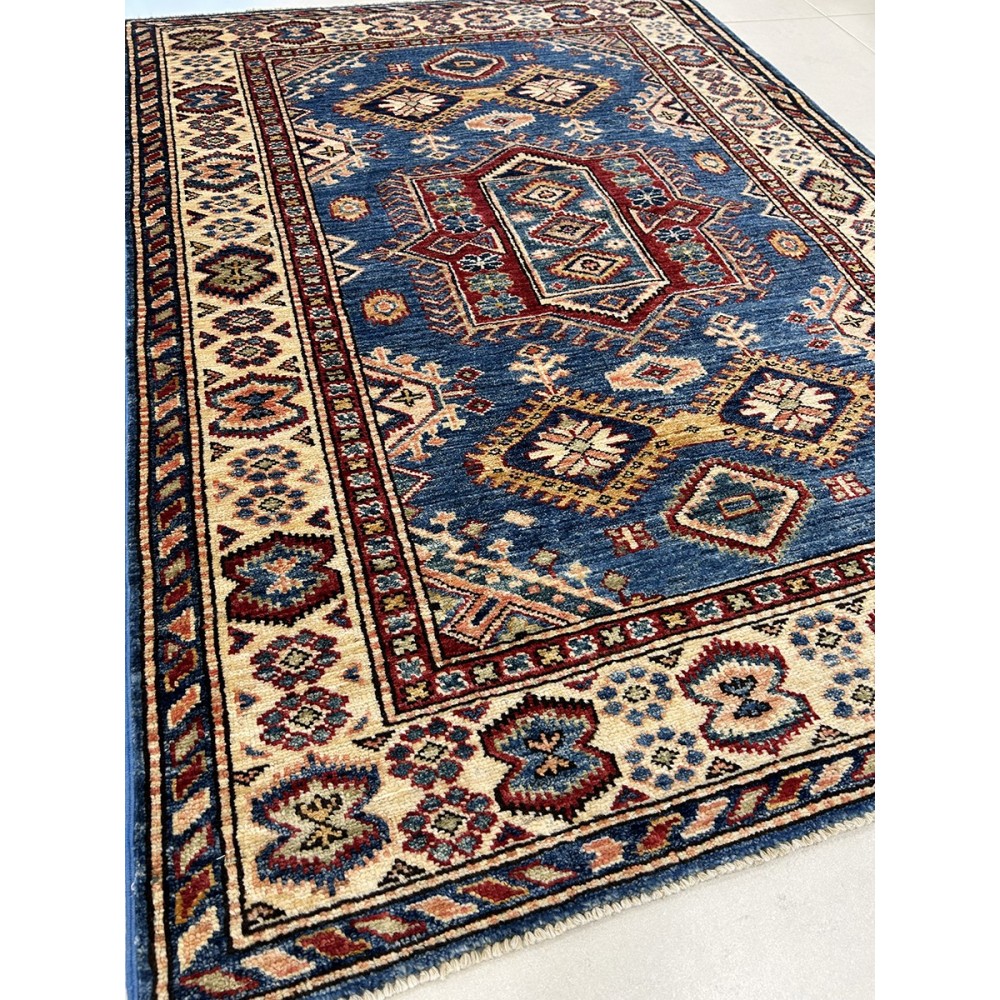 Tappeto in lana kazak extra blu e beige 102x139 cm