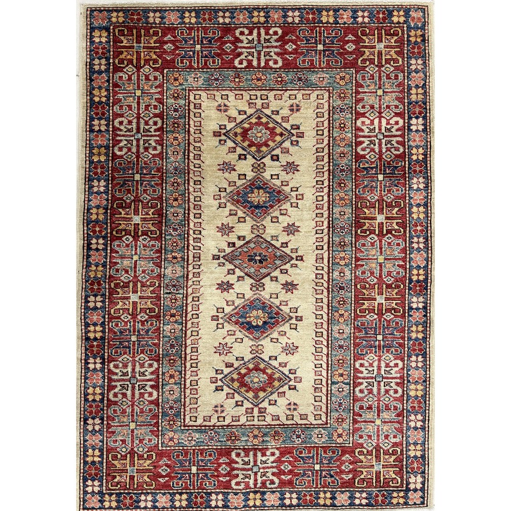 Tappeto in lana kazak extra beige e rosso 145x102 cm