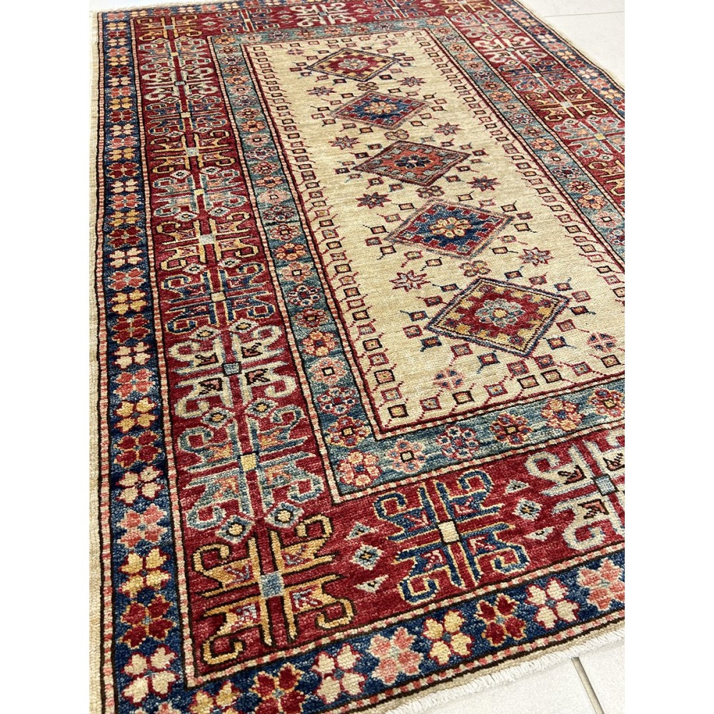 Tappeto in lana kazak extra beige e rosso 145x102 cm