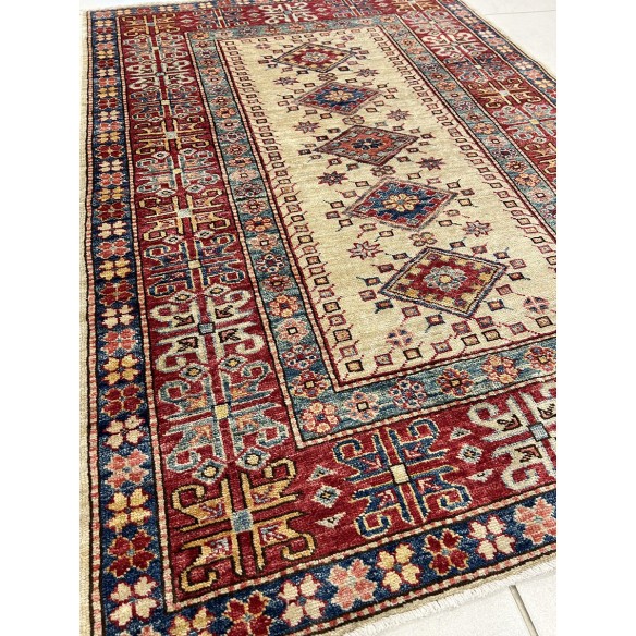 Tappeto in lana kazak extra beige e rosso 145x102 cm