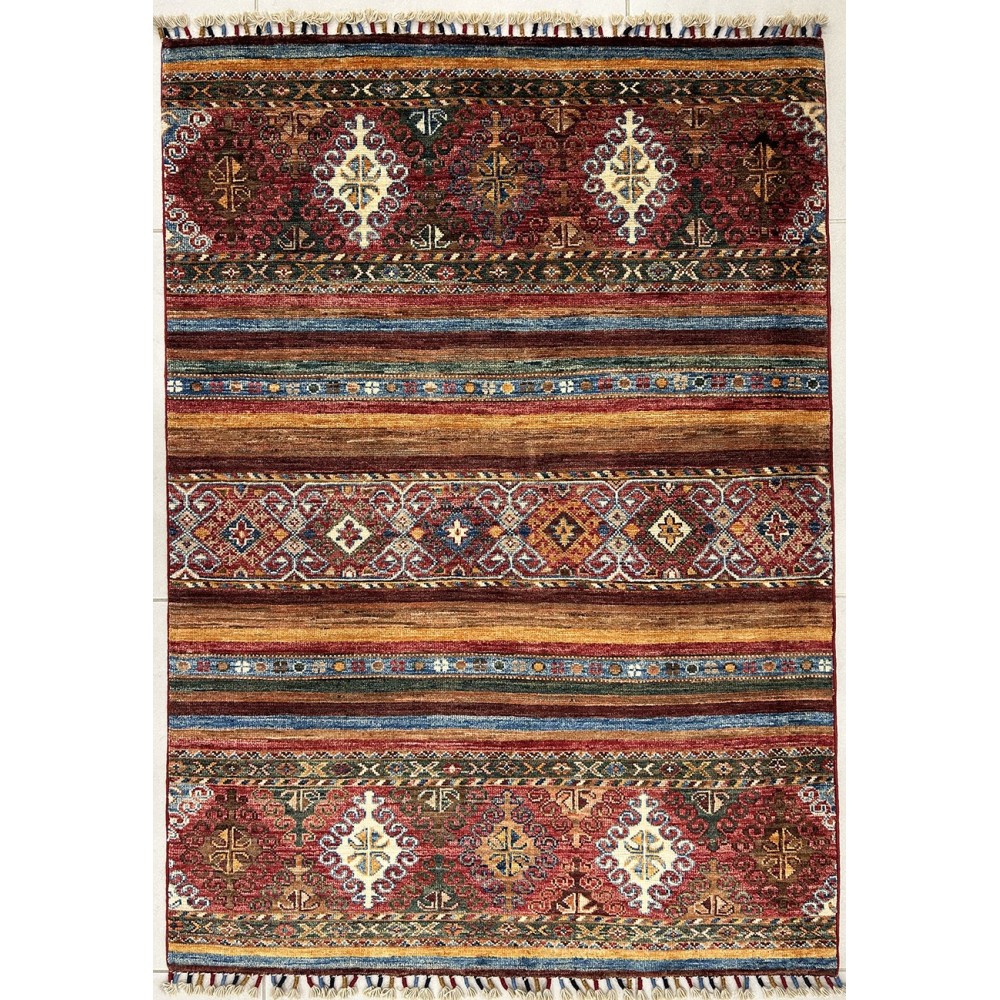Tappeto shabargan annodato a mano multicolore geometrico 153x107 cm