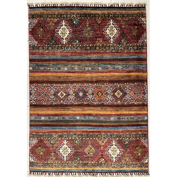 Tappeto shabargan annodato a mano multicolore geometrico 153x107 cm