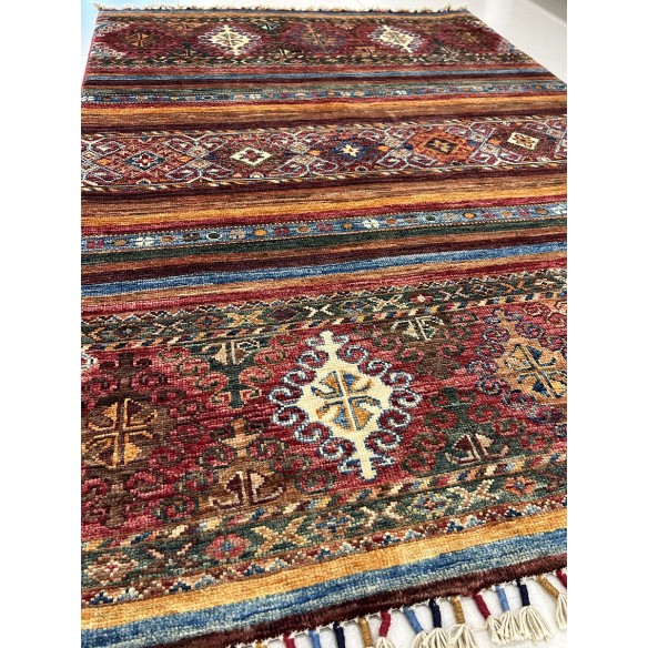 Tappeto shabargan annodato a mano multicolore geometrico 153x107 cm