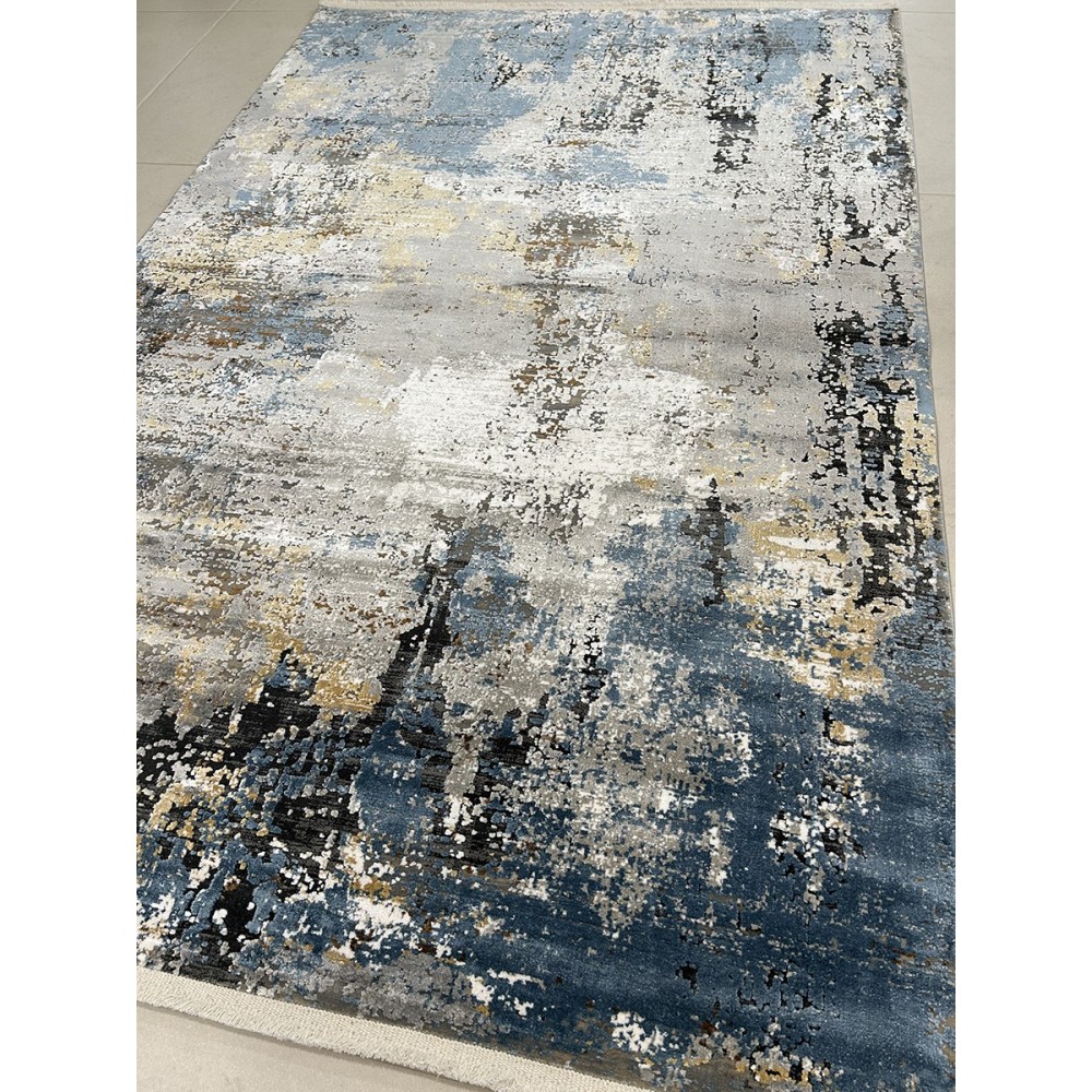 Tappeto moderno disegno astratto azzurro e oro misura 150x80 cm