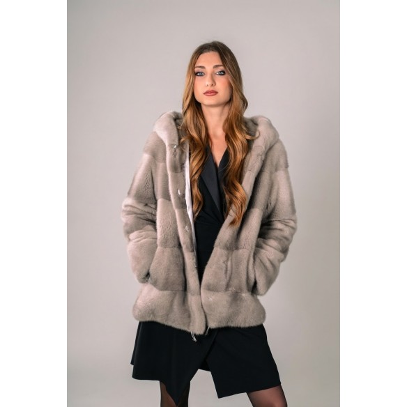 giacca in pelliccia di visone con cappuccio colore zaffiro grigio