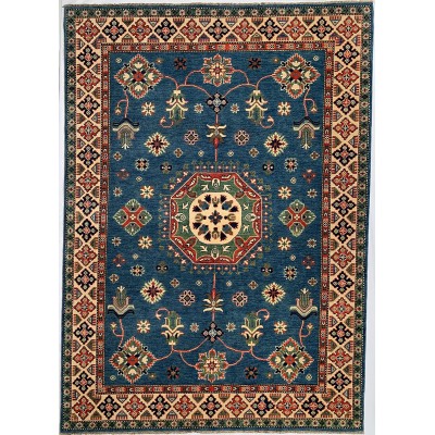 Tappeto in lana azzurro e beige Kazak misura 172x242 cm