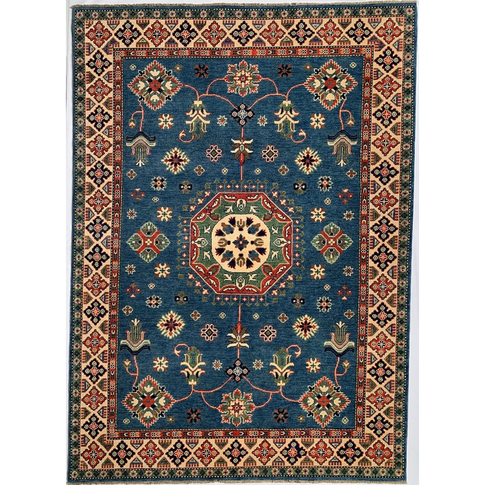 Tappeto in lana azzurro e beige Kazak misura 172x242 cm