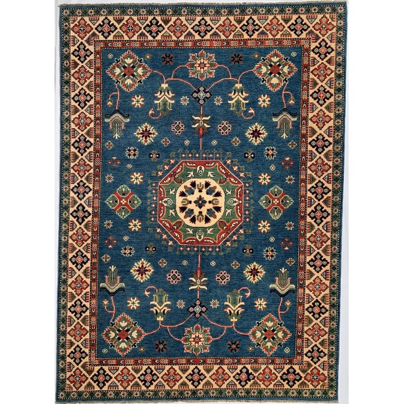 Tappeto in lana azzurro e beige Kazak misura 172x242 cm