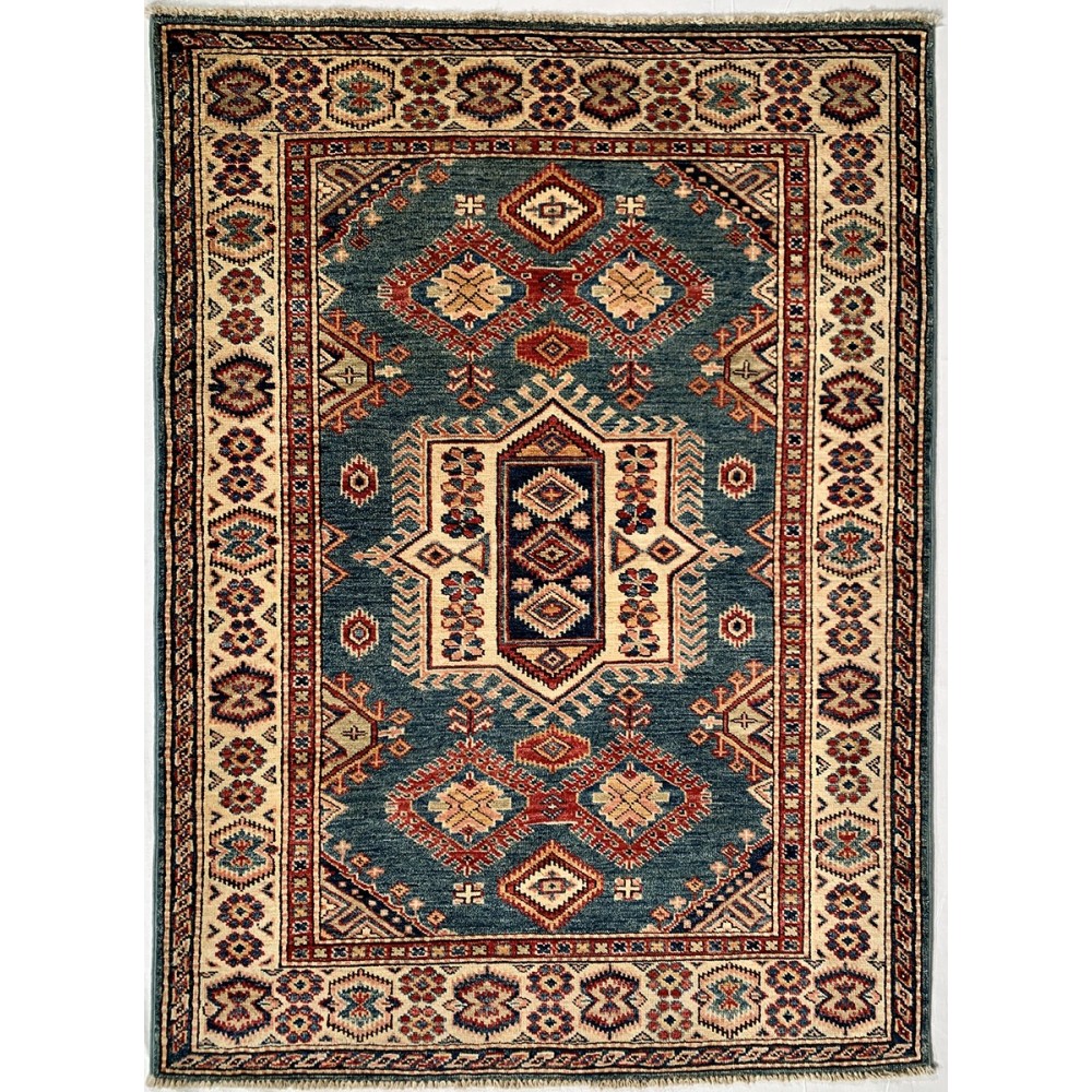 Tappeto geometrico azzurro Kazak misura 103x140 cm