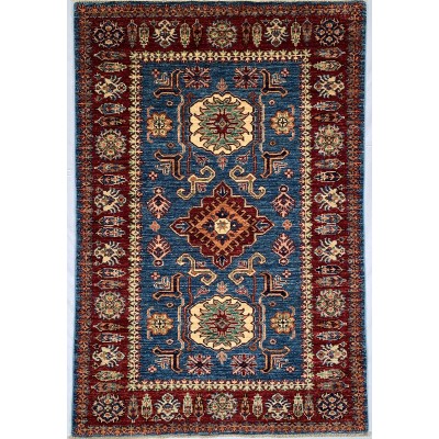 Tappeto il lana rosso e blu Kazak misura 100x148 cm