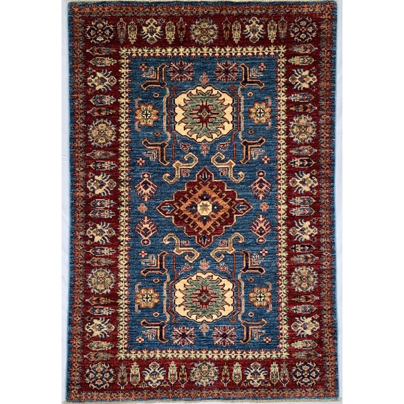 Tappeto il lana rosso e blu Kazak misura 100x148 cm