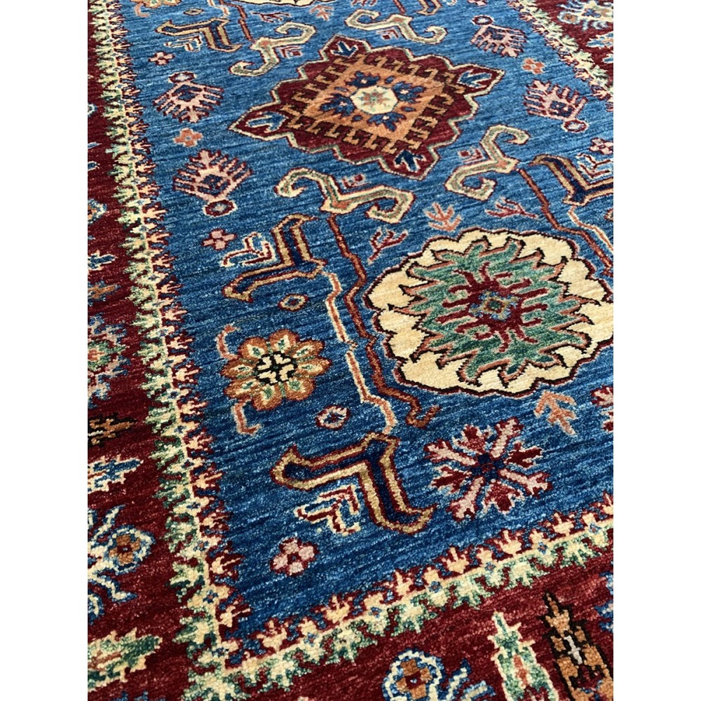 Tappeto il lana rosso e blu Kazak misura 100x148 cm