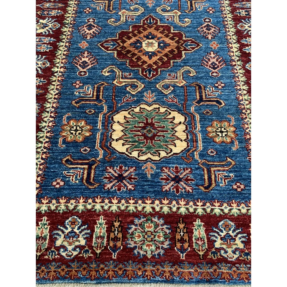 Tappeto il lana rosso e blu Kazak misura 100x148 cm